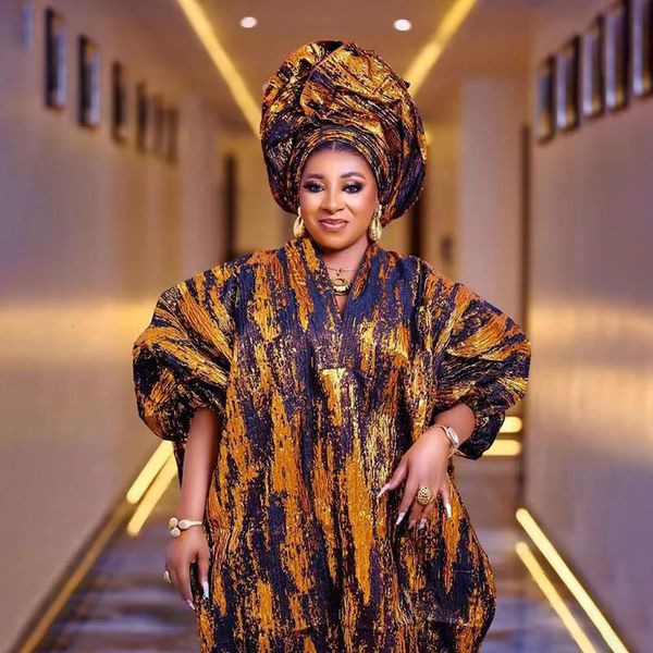 Mãe Afro -Americana Cara Cara Gold Jacquard Fabric Dress 240418