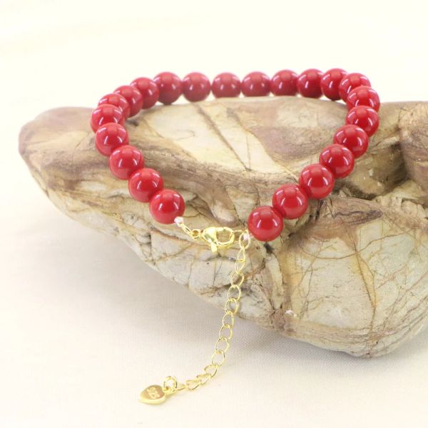 Stränge Vintage Red Coral Armband Schmuck glatte 410 -mm -Steinperlen -Armband -Armreifen für Frauen Yoga können als Schlüsselring verwendet werden