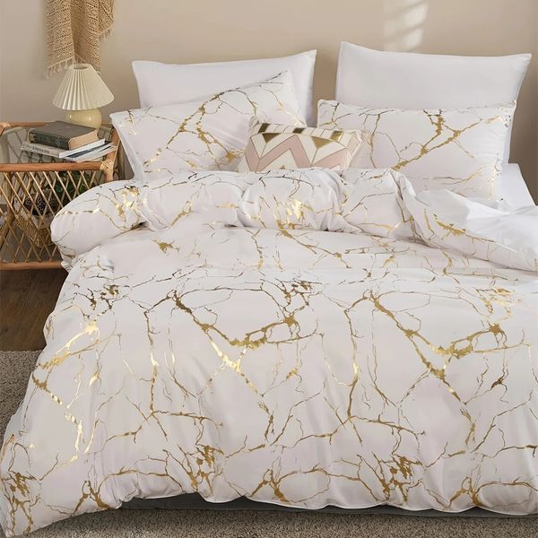 Queen Bedding Bettbedeckungsabdeckung Set Weiß Marmor gedruckt 3 -teiliges Luxus -Mikrofaser -Down -Tröster -Quilt mit Reißverschluss 240425