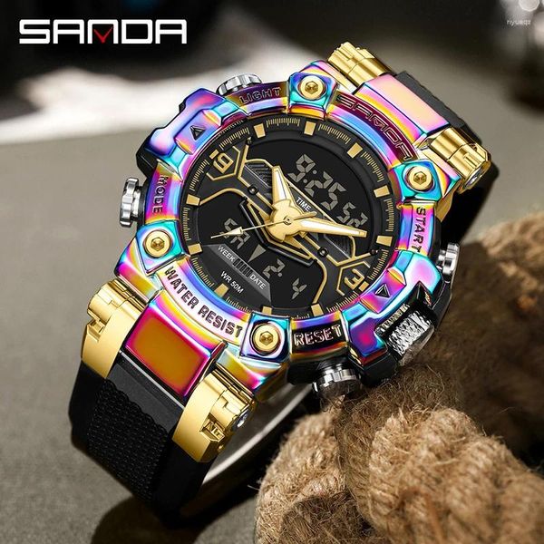 Armbanduhr Sanda Top Luxury Sports Uhren Männer 5Bar wasserdicht 2 Zeit LED Digital Dual Display Männliche Quarzuhr Reloj Hombre