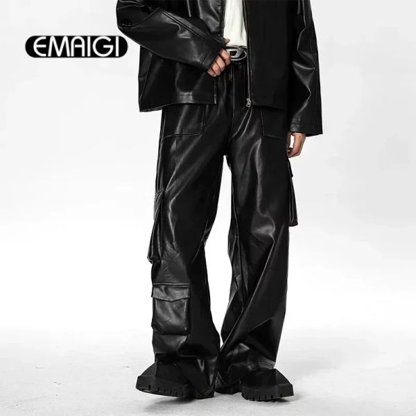 Pantaloni da uomo tasca 3d sciolte casual in pelle vintage larga pantaloni da carico maschio streetwear moda moto dritte pantaloni pantaloni