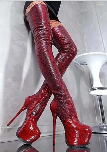 Botas Bota feminina Sapatos de plataforma sexy coxa de coxa de salto alto sobre a pele de cobra de cobra rootia vermelha com salão de salto botas