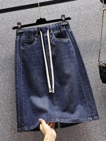 Röcke Großgröße elastischer Taille-Jeansrock für Frauen 2024 Sommer lose A-Line Mid Fashion Schnürung geteilt