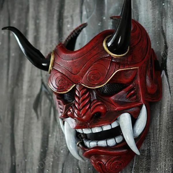 Партийная маски Hannya Demon Mask Японский Oni Samurai Noh Kabuki Red Prajna латекс взрослый унисекс Хэллоуин Косплей реквизит 2024425