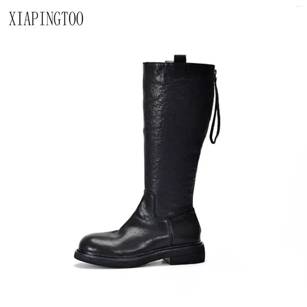 Boots Sapatos Mulheres para Lady Genuine Cow Leather Zipper Mid-Calf Med Heels Handmade Retro Style Color Solid Black Inverno 2024