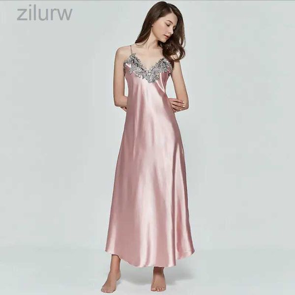 Sexy pijamas mulheres sono sono verão sexy camisola de renda de renda de retalhos longos camisola de correia com cinta sem mangas Vestido de sono preto rosa preto d240425