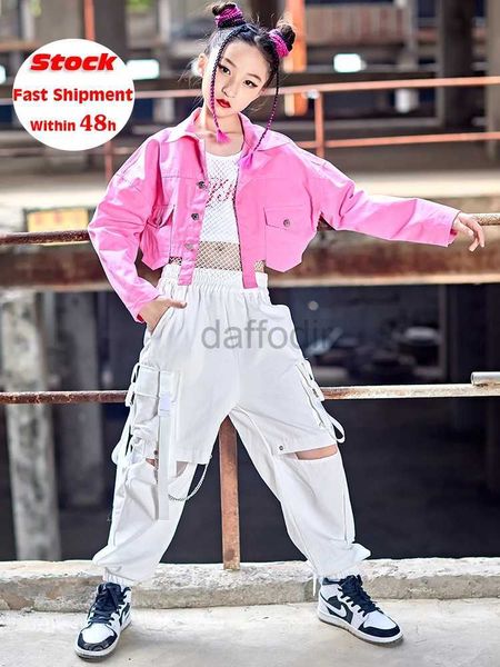 Stage Wear New Jazz Dance Costume Girls Hip Hop Roupeding Pink Casaco de manga longa Ponta de colega branca Desempenho de dança moderna Stage de Wear BL9010 D240425