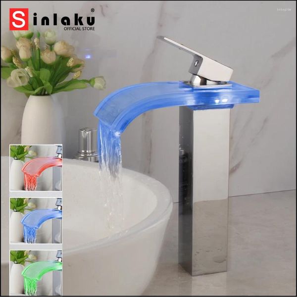 Banyo Lavabo muslukları LED Havza Musluk Krom Pirinç Işık Şelale Yıkama Mikser Su Gücü 3 Renk Değiştir