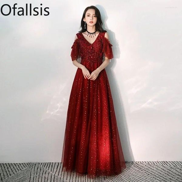 Parti Elbiseleri Ofallsis v Boyun Nakış Gelin Gelin 2024 Sonbahar Kış Büyük Kırmızı Akşam Kadınlar Uzun İnce Hamile