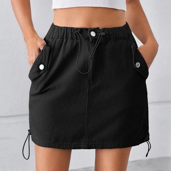Signe Summer Women Soft Denim Skirt Tasche Stretch Waist Vintage Solid Color Short Jeans Female Business Working Avvolto