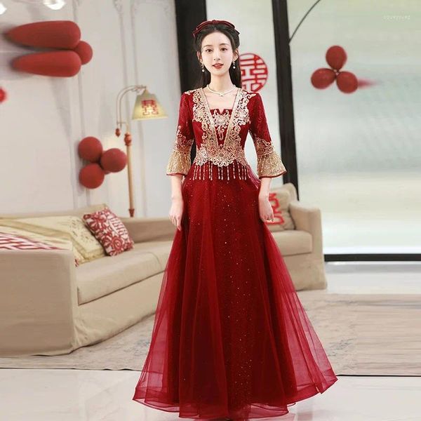 Partykleider Harajpee chinesischer Stil Toastende Kleidung Braut 2024 Hochzeit rotes Kleid Lange Frühlingsärmel Elegante Temperament Vestido