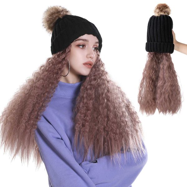 parrucca riccio di copertina di lana lana all-in-one calda cappello da donna a maglia da donna parrucche per capelli lunghi