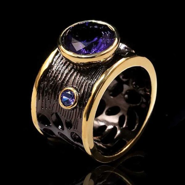 Bandringe S925 Sterling Silber Big Round Cut Amethyst für Frauen Vintage Black Gold Cocktail Party Ring Italien Schmuck Antike Design H240425