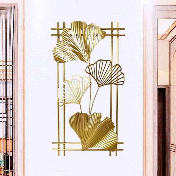 Dekorative Figuren 45 cm 3D Eisen Metall Gold Gingko Blätterblumwand Hanging Home Hintergrunddekorblätter po Bild Wohnzimmerkunst