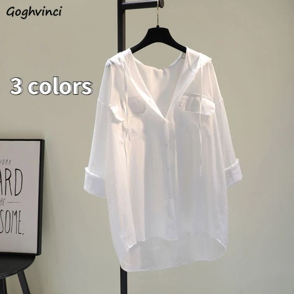 Hemd Shirts Frauen Solid -Kapuze -Sommertaschen 3 Farben Einfache Kleidung Tops Stilvoller Urlaub täglich beliebte Basis für weibliche koreanische Stile