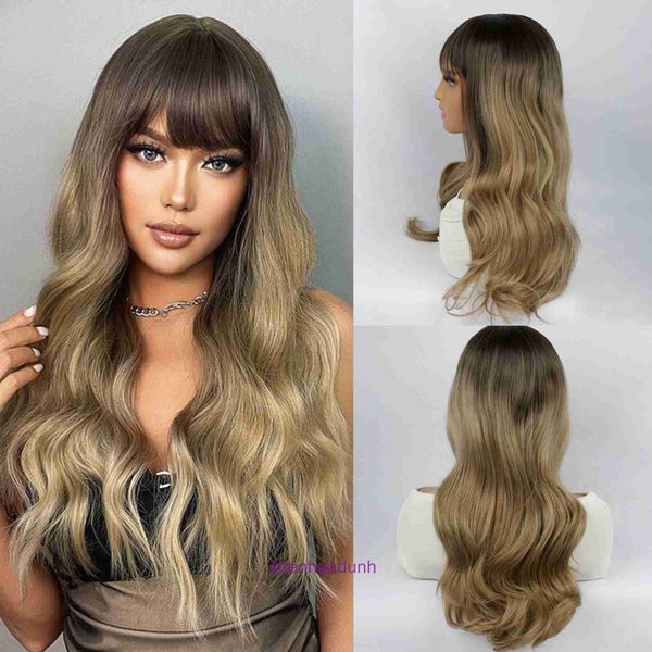 Wigs Women Human Hair Wig Wigens Gradient Golden Brown Bangs Long Rurly Synthetic Fibre Full Head Cover Daily Elight Dyeing Cosing Cos