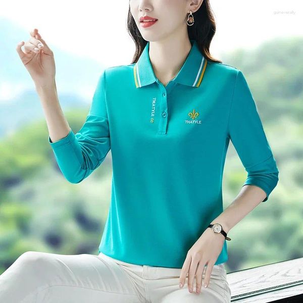 Camiseta feminina de pólo de algodão de algodão longa blusas elegantes tops de cor sólida esportes casuais top top polo shirts woman pulovers