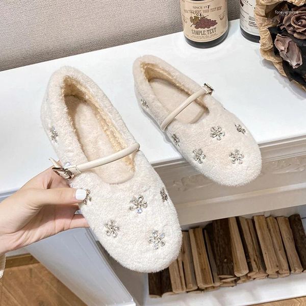 Sıradan Ayakkabı Kristal Çiçek Kürk Flats Kadın Ayak Bileği Strap Mary Janes Kürklü Rhinestone Kar Tanesi Mokasen Kış Büyük Boyutu 43