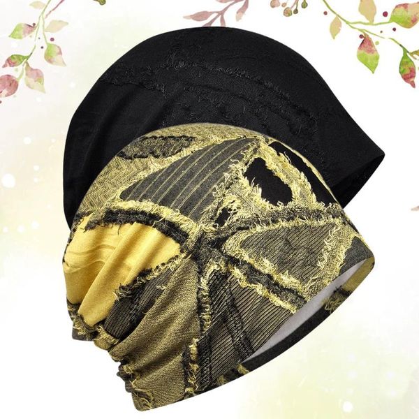 Berets 2PCS Chemo Caps Sommer Beanie Satin Schlaf Haube Hipster Mode Hut Elastischer Kopfturban für Männer (Schwarzgelb)