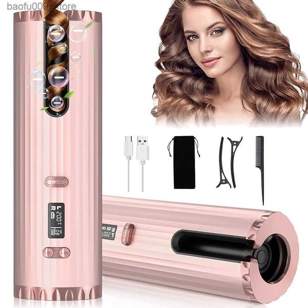 Curling Irons Wireless Curling Iron a onda in ceramica portatile con visione LCD Schermata ricaricabile a rotazione a rotazione a rotazione Curler automatico Q240425