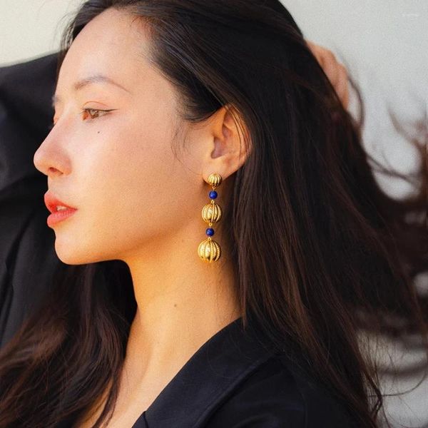 Gestüt Ohrringe uworld Luxus 18K Gold plattiert runde Ball Messing Perlen Lang Quaste Lapis Stone Drop Ohrring Vintage Juwely Geschenk für Frauen