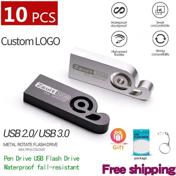 Приводы New 10pcs/Lot Metal USB -накопитель Flash Drives Drive 4 ГБ 16 ГБ Pendrives 32 ГБ 64 ГБ памяти палочка 128 ГБ u Диск Подарок бесплатно индивидуальный логотип