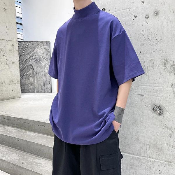 Camisetas masculinas 2024 Summer Streetwear Turtleneck Men Tshirt Color Solid Hip Hop Macho de grande tamanho casual Manga curta camisetas