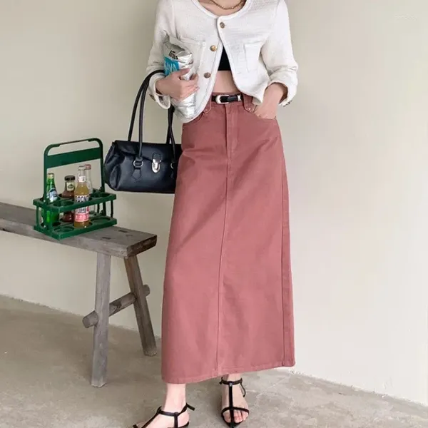Röcke koreanischer Stil Pink Denim Frauen Midi Rock 2024 Fashion Vintage High Taille Straight A-Line Pocket Jean Long ohne Gürtel