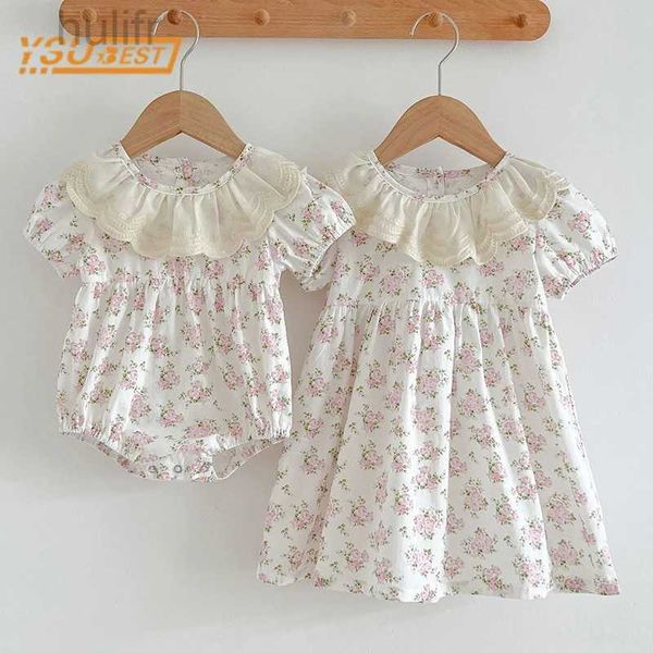 Rompers Summer Cute neonate neonate bambine salta in pizzo da bambino dolce bambina manica corta dress abito principessa femminile abiti da sorella d240425