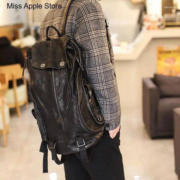Bolsas escolares mochilas de viagem preta de zíper masculino para mochila de ombro de couro velho retro