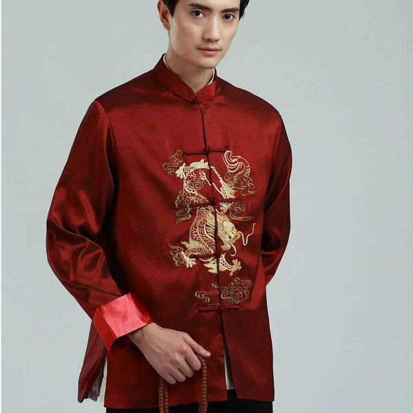 Bühnenbekleidung Herren Chinesische Stil rot schwarz grau grüne Jacke Stickerei Dragon Bluse Neujahrsmängel Bühnen Kostüm Kung Fu Lose Top D240425