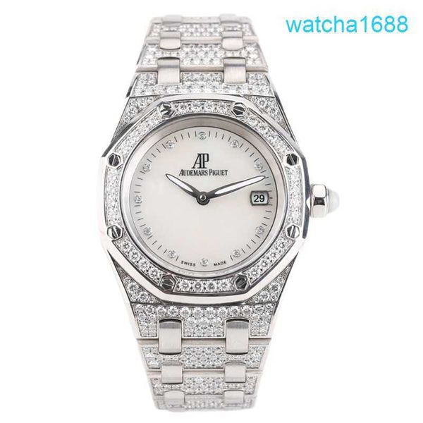 AP Movement Orologio da polso Royal Oak Series 18K All White Gold Original Diamond Fritillaria Quartz Womans Watch 67602BC 33mm