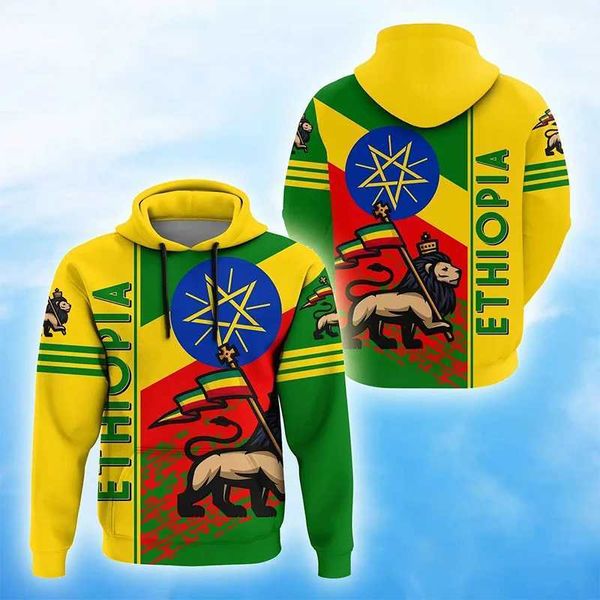 Felpa con cappuccio da uomo Felpati 3D Etiopia Flag leone Emblema Totem Stampa con cappuccio per uomo Kid Fashion Streetwear con cappuccio con cappuccio unisex cool harajuku y2k abiti 240424