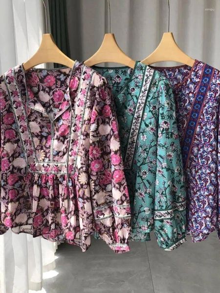 Frauenblusen Frühling Sommer Blumendruck Baumwollbluse Weibliche Schnürhalskragen Chemise Mode Langarm Retro-Shirt Tops