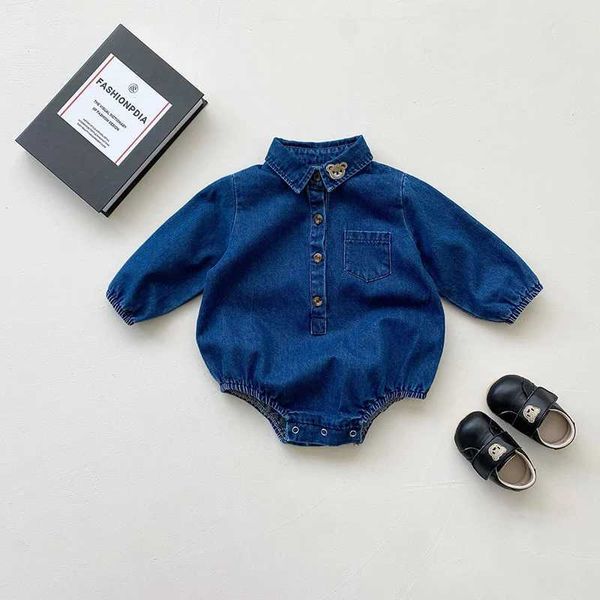 Romau do macacão Bodysuit de bebê Turn Down Collar Girls One Piece Boys Denim Clothes H240425