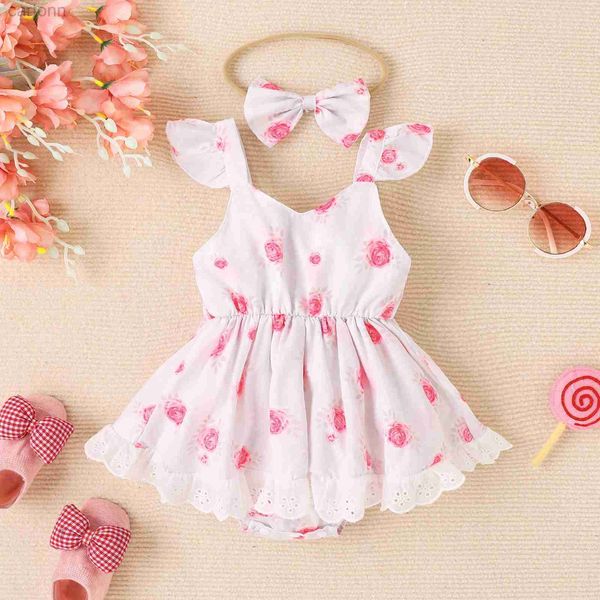 Mädchenkleider 2pcs Sommer 0-2 Jahre alte Baby Baby Baby weich bequem coole schöne rosa blumdruckrock ha kleider d240425