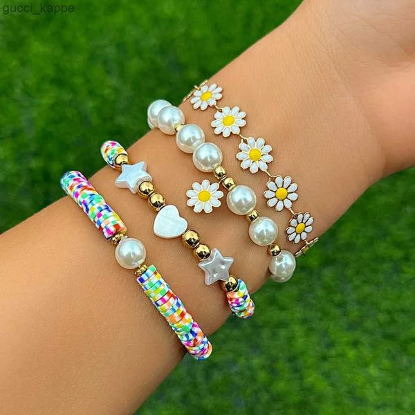 Perlen Kpop Sonnenblumenkugel Polymer Tonkettenarmbänder für Frauen 2023 Trendstall -Strass -Herz -Knochen -Bangles Paar Schmuck Schmuck