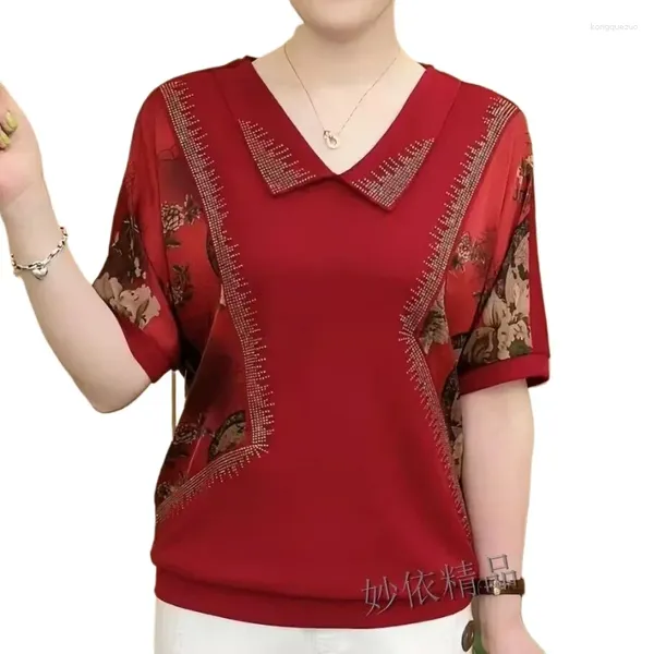 Damen T-Shirts Vintage Frauen Kleidung Blumendruck T-Shirt Sommer Mode Kurzarm Diamant Großgröße Lose rote elegante Freizeit-T-Shirts Tops