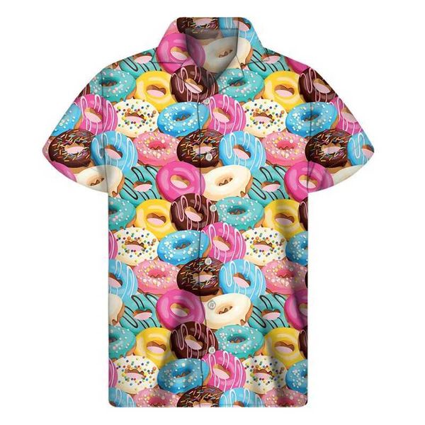 Herren Casual Shirts Schokoladen -Donuts Kekse 3D -Druckhemd für Herren Sommer Hawaiian Shirts Tops Street Lapel Aloha Bluse Knopf Kurzärmel 240424