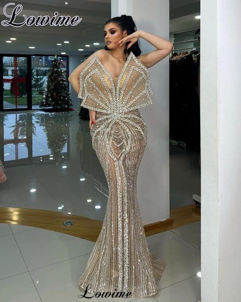 Vestidos de passarela Celebridade especial de champanhe com cristais sem alças Prom Mermaid Vestidos de Gala Cocktail 2024