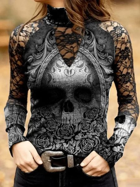 Tops de flor de crânio gótico Mulheres rendas ocas de manga comprida camiseta sexy garotas vintage slim t camisetas 240416