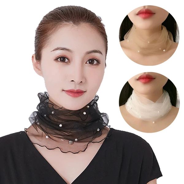 Mesh Fake Pearl Collar Colarf Spring Summer Summer Chiffon Pesh Neck Tampa de plutina fino Protetor solar Variedade de seda pequena 240417