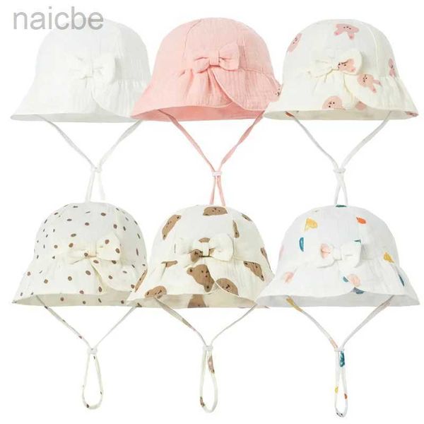 Caps Hats Muslin Baby Summer Hat Hat Beach Kids Sun Hats For Girls Bow Sweet Infant Cap Beddler Bucket Hat Hat Acessórios Recém-nascidos 0-12M D240425