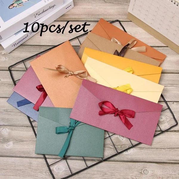 Geschenkverpackung 10 PCs/ Set Retro Multicolor Bow Envelope Grußkartentaschen Ribbon Mailer Pearlescent Papier Umschlag