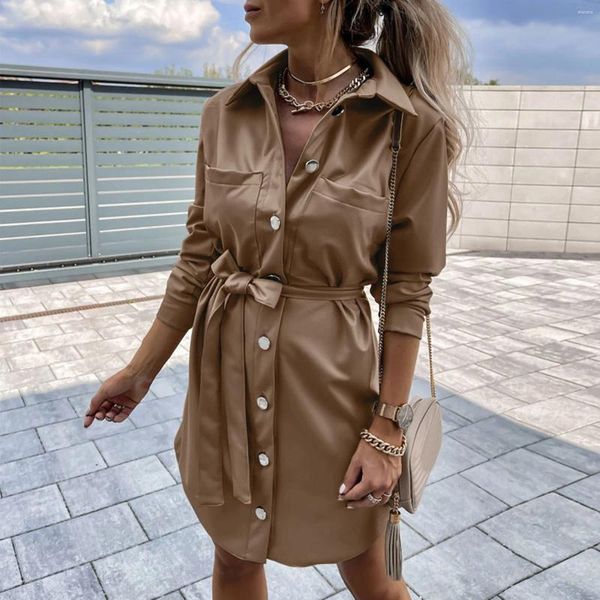 Lässige Kleider Frauen PU Leder Kleid Herbst Winter Winter Langarm Revers Liter