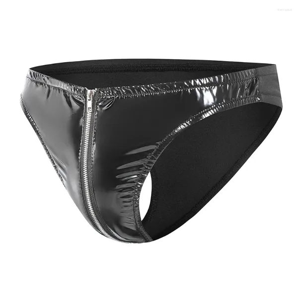 Underpants Mens Sexy Zip Wet Look Wet Shiny Glossy PU in pelle aperta per cuccioli aperti per la biancheria bianche
