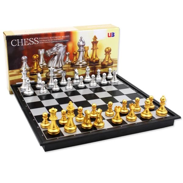 Sets mittelalterlicher Klassiker klassisches Schachsatz mit Schachbrett 32 Teile Gold Silber Magnetic Chess Tragbare Reisespiele für Erwachsene Kinderspielzeug