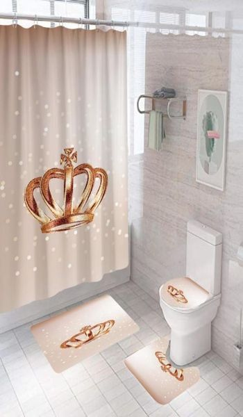 Cortinas de chuveiro Flores de coroa rosa Conjunto de cortina impressa de mármore decoração de banheiro com ganchos Antislip Bathing tapetes 6923599