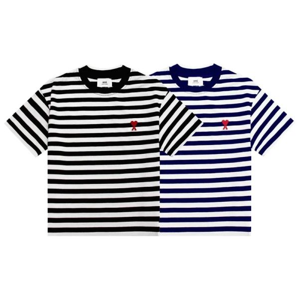 Yaz siyah beyaz çizgili işlemeli tişört aşk logosu kısa kollu sıradan erkek ve kadın gevşek yuvarlak boyunlu pamuklu tişört tasarımcısı t-shirt