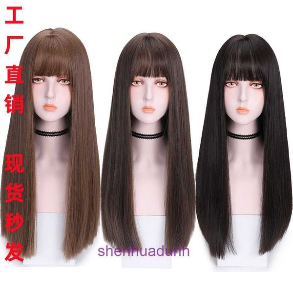 Cabelos genuínos perucas on -line wig feminino cabelos longos cabelos cheios de ar preto straight bang novo